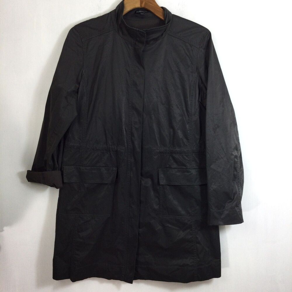 Eileen Fisher Cotton Nylon Lightweight Full Zip Rain Trench Coat Black Sz Large